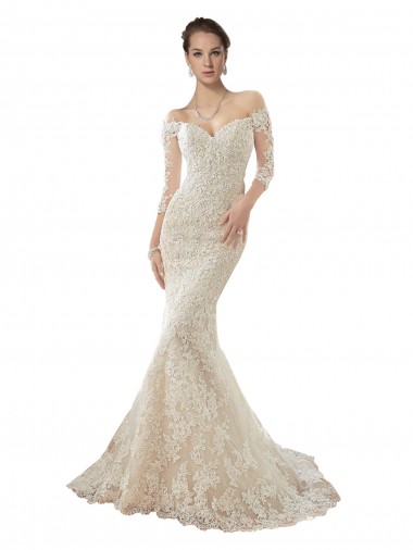 Chapel Train Long Sleeves Tulle & Lace Ivory & Champagne Mermaid Wedding Dress Edmonton