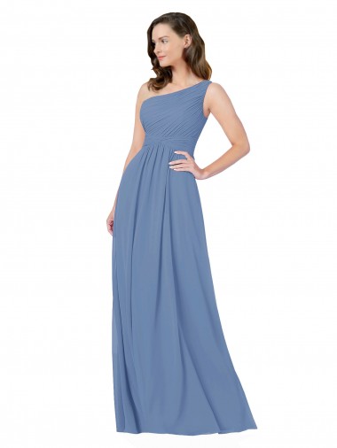 Long Sleeveless Soft Chiffon Windsor Blue One Shoulder Sheath Bridesmaid Dress Edmonton